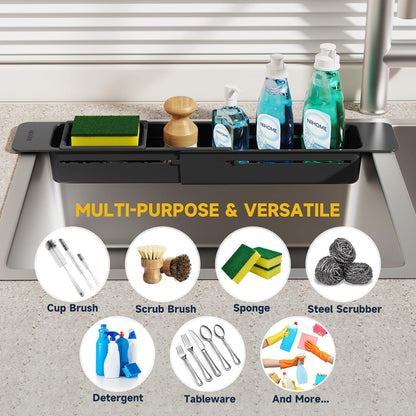 NiHome Extendable Over Sink Kitchen Organizer, Small Telescopic Brush Storage Rack for Sponge, Non-Slip Pads Expandable Sink Caddy, Adjustable Sponge/Brush Rack with Drainage Durable ABS (Dark Gray)