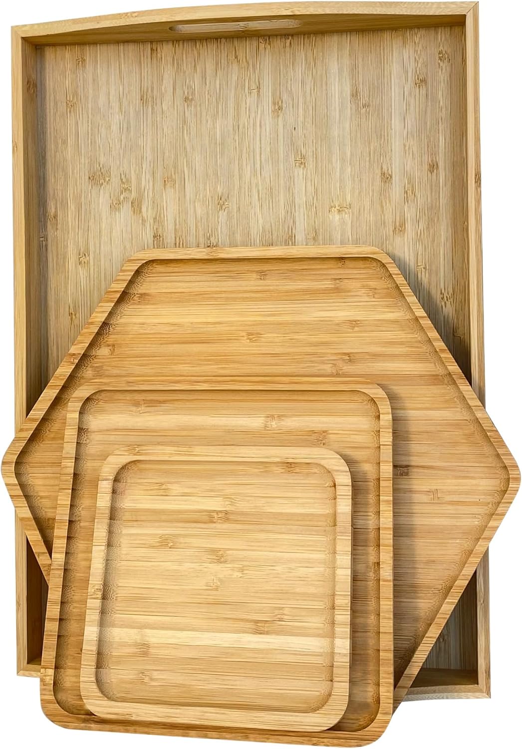 Bamboo Serving Trays Charcuterie Platter 16.5"x11.8"（42x30cm with Handle, Set Includes 1xHexagon 12.5"(32cm)+1xSquare 7.8"(20cm)+1xSquare 5.9"(15cm) Small Plates for Family Dinner