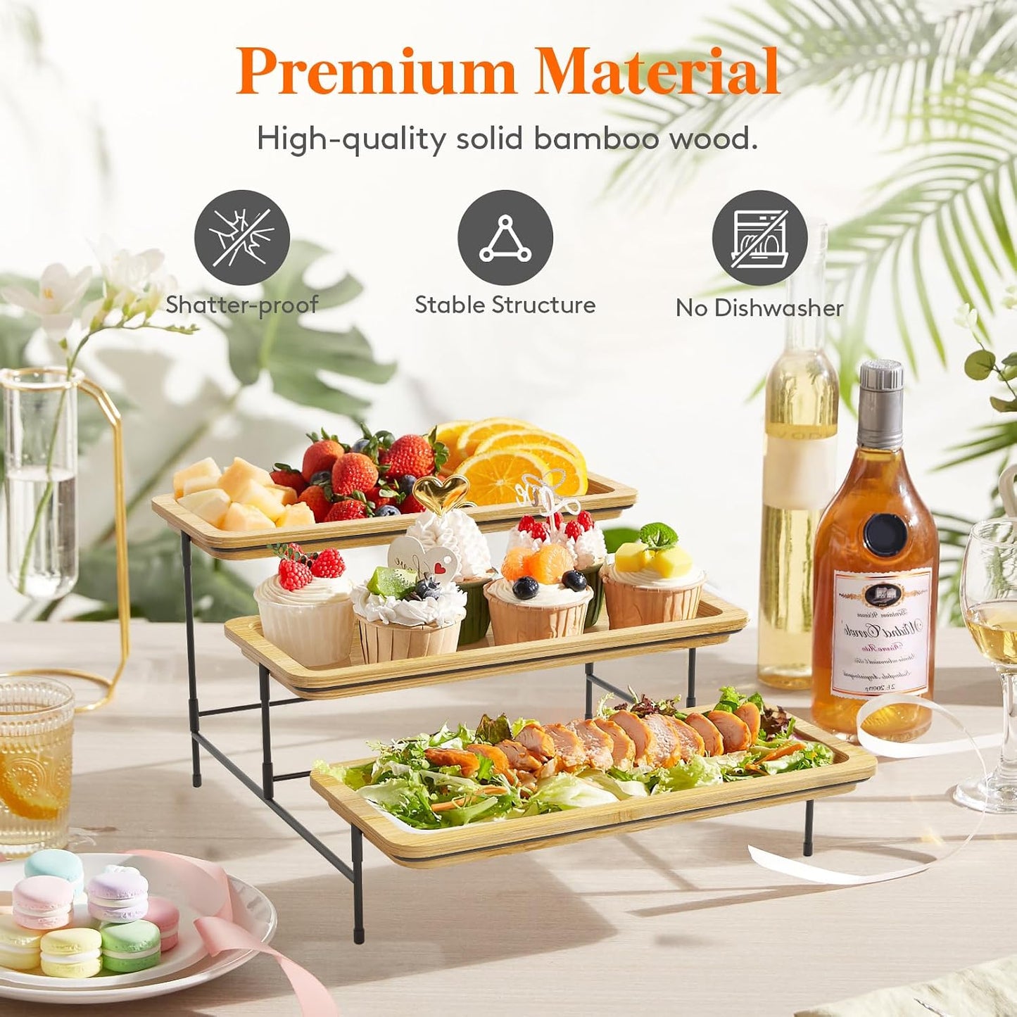 Lifewit 3 Tier Bamboo Serving Tray for Party Supplies, 30 x 17 cm/12" x 6.5" Platters for Serving Food, Reusable Trays with Gold Metal Display Stand for Veggie, Fruit, Cookies, Dessert