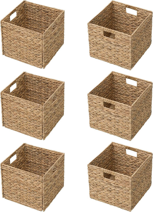 eHemco Trapezoid Woven Hyacinth Wicker Pantry Storage Baskets with Iron Wire Frame, 13.25"x9"x7/3.5", Natural, Set of 2