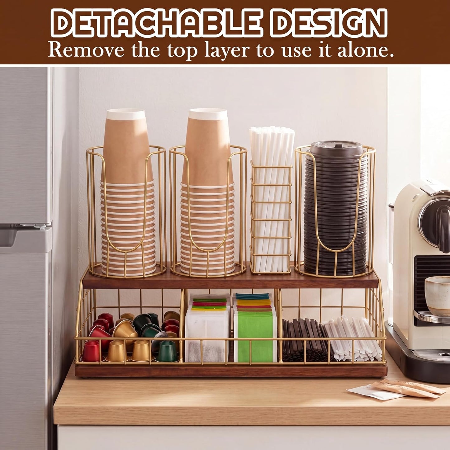 Geelin 18oz Adjustable Coffee Cup Dispenser with Wooden Base, Cup and Lid Holder, Cups Holder Organizer for Coffee Pod Straw and Lid Storage(2-compartment Single,Color 2)