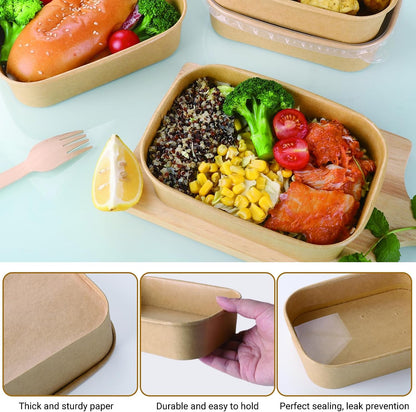 50 Sets 25oz Disposable Kraft Paper Bowls with Lids, Rectangle