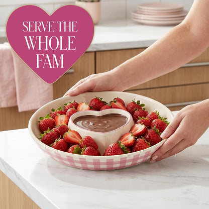 Paris Hilton Chip and Dip Serving Tray, Finely Crafted Stoneware with Heart-Shaped Dipper, Embossed Hearts, Microwave and Dishwasher Safe Stoneware, 12-Inch, Pink
