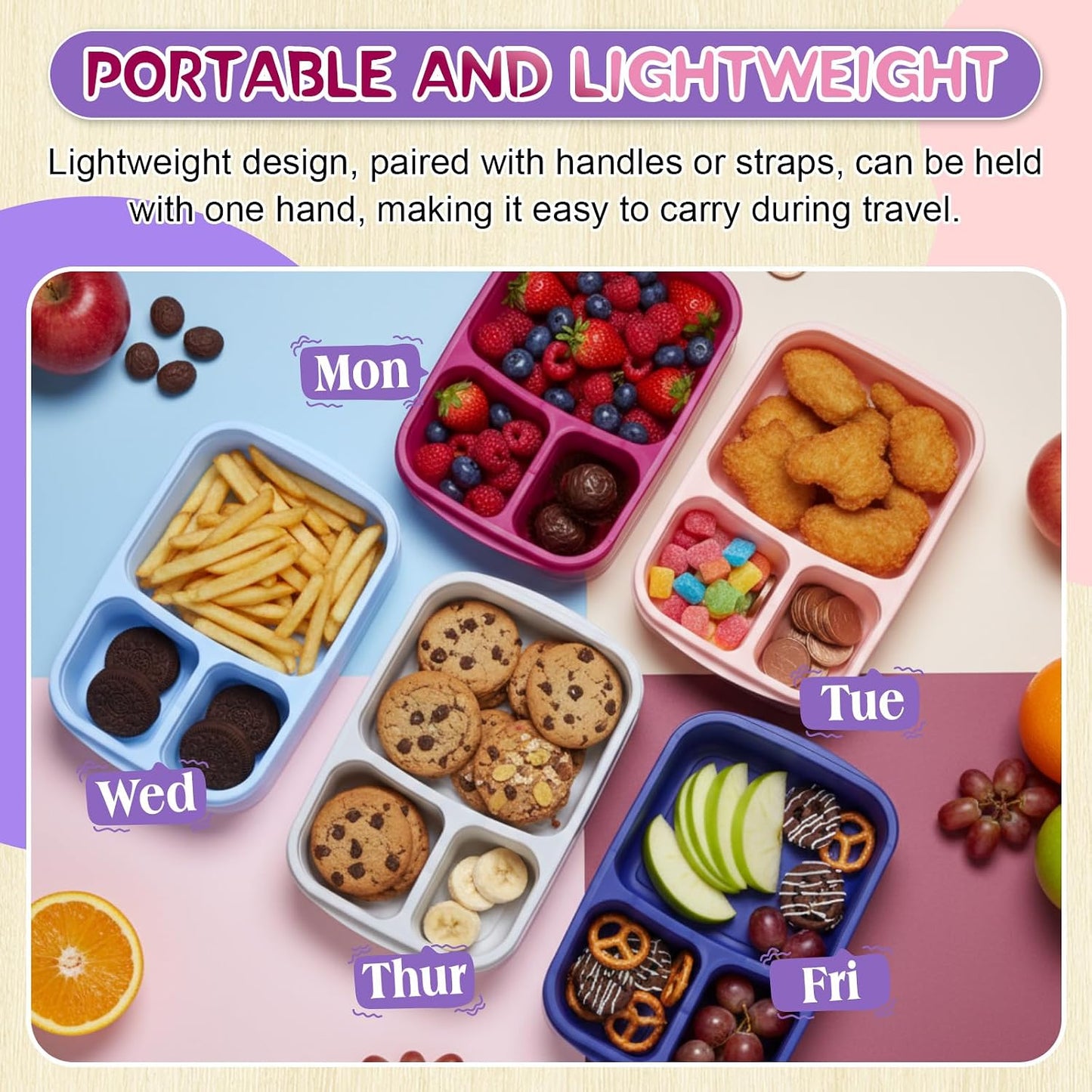 Honeydak 5 Pack Snack Containers 3 Compartment Bento Snack Boxes Divided Meal Prep Containers with Lids Reusable Adults Lunch Food Storage Box for School Work Travel(Elderberry)