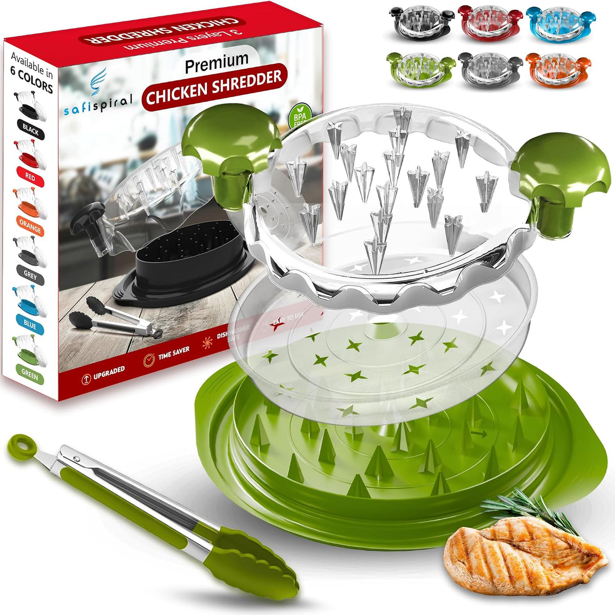 Chicken Shredder Tool Twist Large – 10.2 Inch Non Slip Meat Shredder with Removable Tray- BPA Free, Dishwasher Safe, Heat Resistant Chicken Breast Shredder with Handle & Serving Tong
