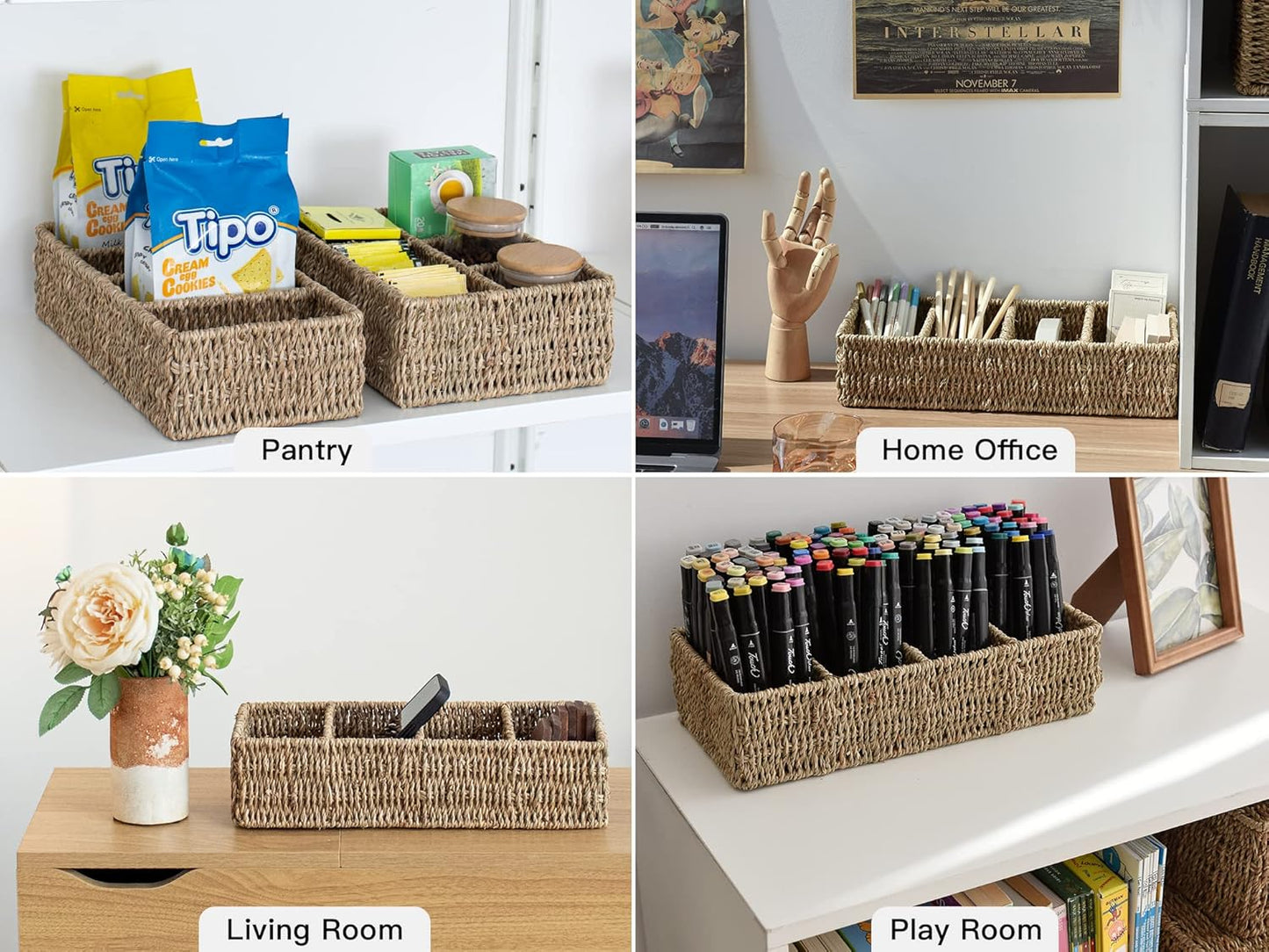 StorageWorks Small Wicker Basket for Organizing with 4-Section, Natural Water Hyacinth Storage Baskets with Dividers for Pantry Shelves, 2-Pack