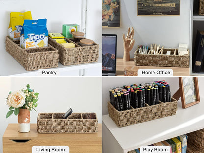 StorageWorks Small Wicker Basket for Organizing with 4-Section, Natural Water Hyacinth Storage Baskets with Dividers for Pantry Shelves, 2-Pack