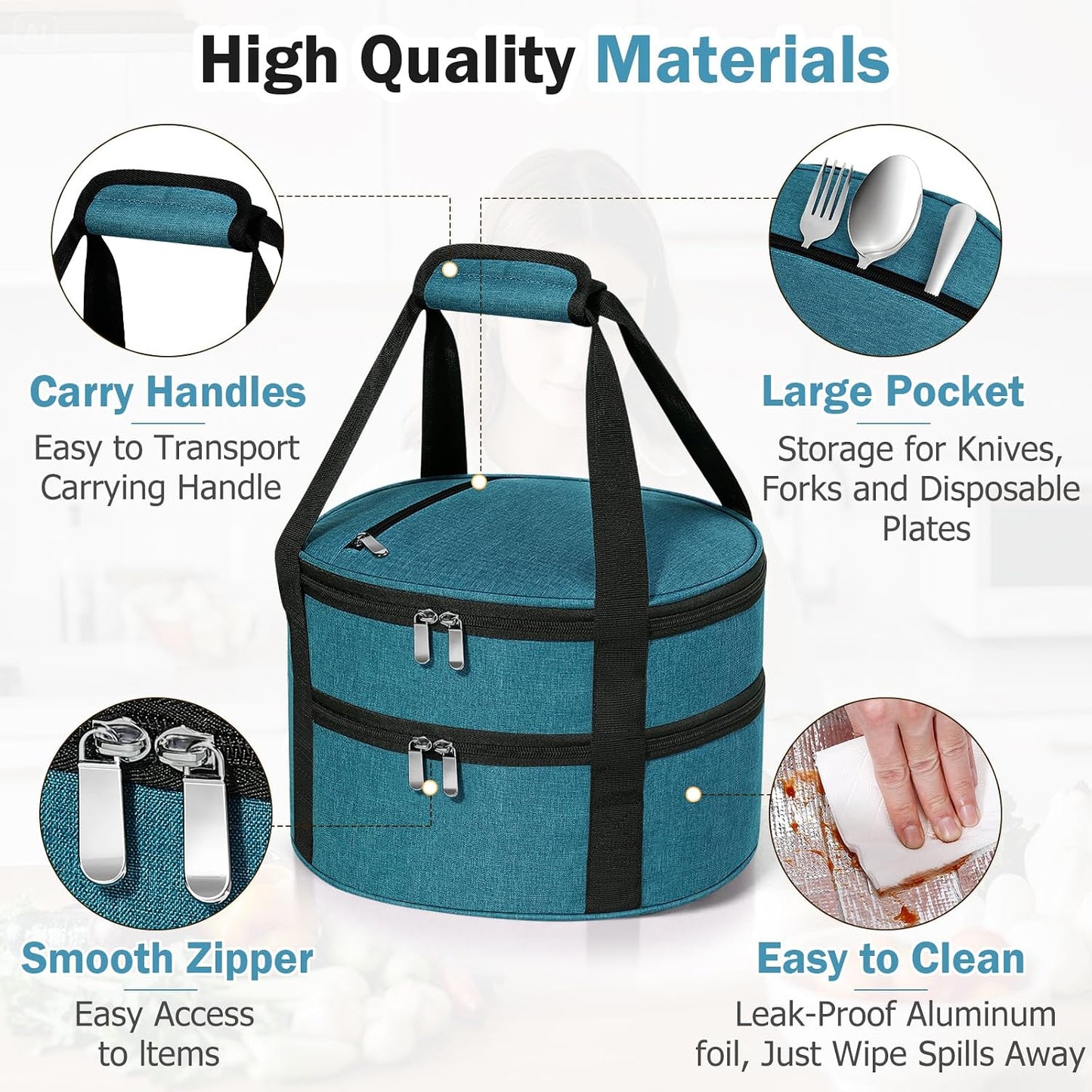 Round Insulated Casserole Carrier – 12" Portable Pie Carrier Bag for Hot or Cold Food, Leakproof Thermal Lunch Tote with Handle for Parties Picnic & Travel - Grey