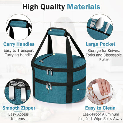 Round Insulated Casserole Carrier – 12" Portable Pie Carrier Bag for Hot or Cold Food, Leakproof Thermal Lunch Tote with Handle for Parties Picnic & Travel - Grey
