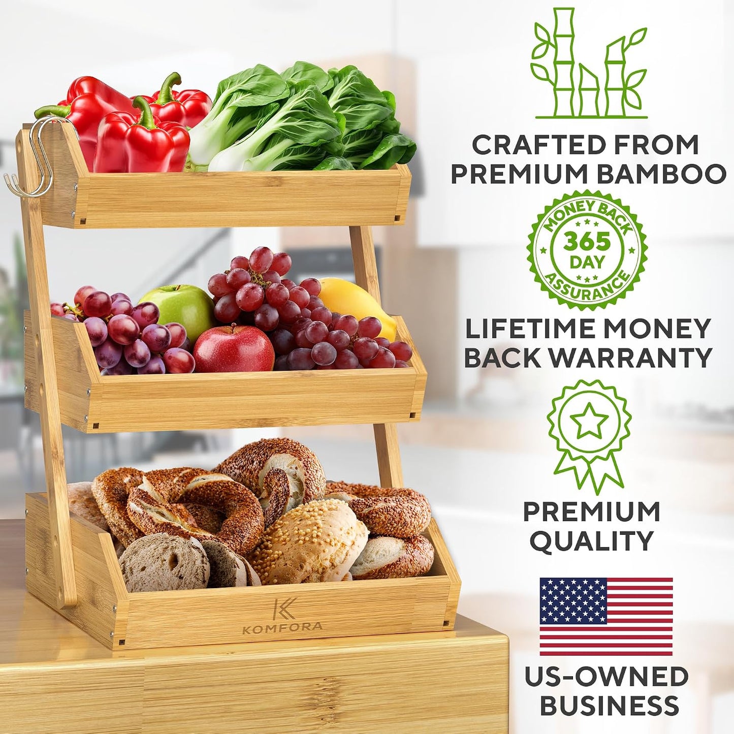 KOMFORA Bamboo Fruit Basket 3-Tier - Premium Produce Basket for Kitchen w/ 2 Hangers - Durable & Easy to Assemble Stand for Countertop - Perfect Holder for Vegetables, Bread, Snacks & More