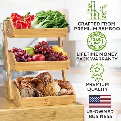 KOMFORA Bamboo Fruit Basket 3-Tier - Premium Produce Basket for Kitchen w/ 2 Hangers - Durable & Easy to Assemble Stand for Countertop - Perfect Holder for Vegetables, Bread, Snacks & More
