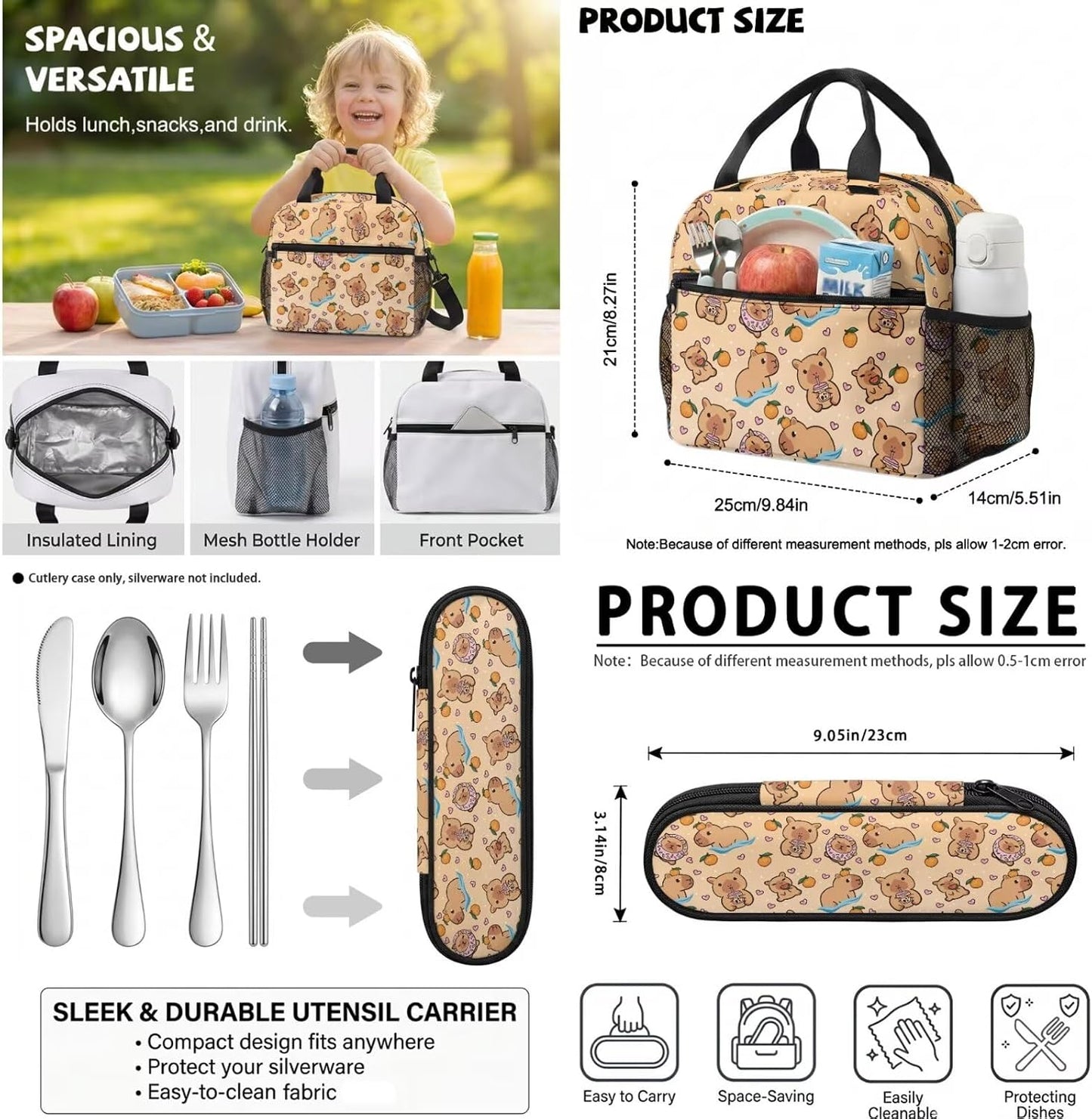 Cute Capybara Pizza Backpack for Girls, 5 Pcs Boys School Bag Set for Kids, 17 Inch Backpacks Lunch Pencil Box Reusable Utensils Case Set for Middle Elementary School, 3rd Grade Backpack