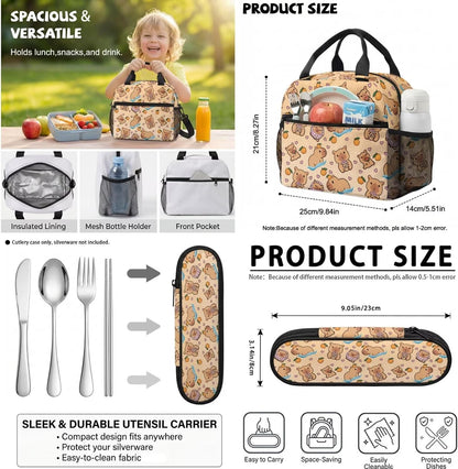 Cute Capybara Pizza Backpack for Girls, 5 Pcs Boys School Bag Set for Kids, 17 Inch Backpacks Lunch Pencil Box Reusable Utensils Case Set for Middle Elementary School, 3rd Grade Backpack