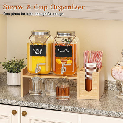 2-pack 1 Gallon Drink Dispenser,Glass Beverage Dispenser with Spigot,Lemonade dispenser Bamboo Stand for Outside, Glass Drink Dispensers for Parties with Ice Core