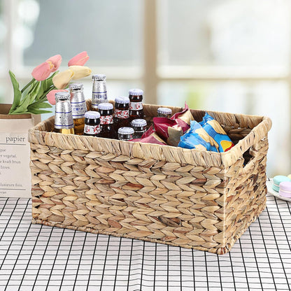 Hipiwe Water Hyacinth Storage Basket Bin Handwoven Decorative Basket Large Wicker Baskets Box with Handles Open Storage Bin Rectangular Baskets Containers for Shelf Pantry Organizing
