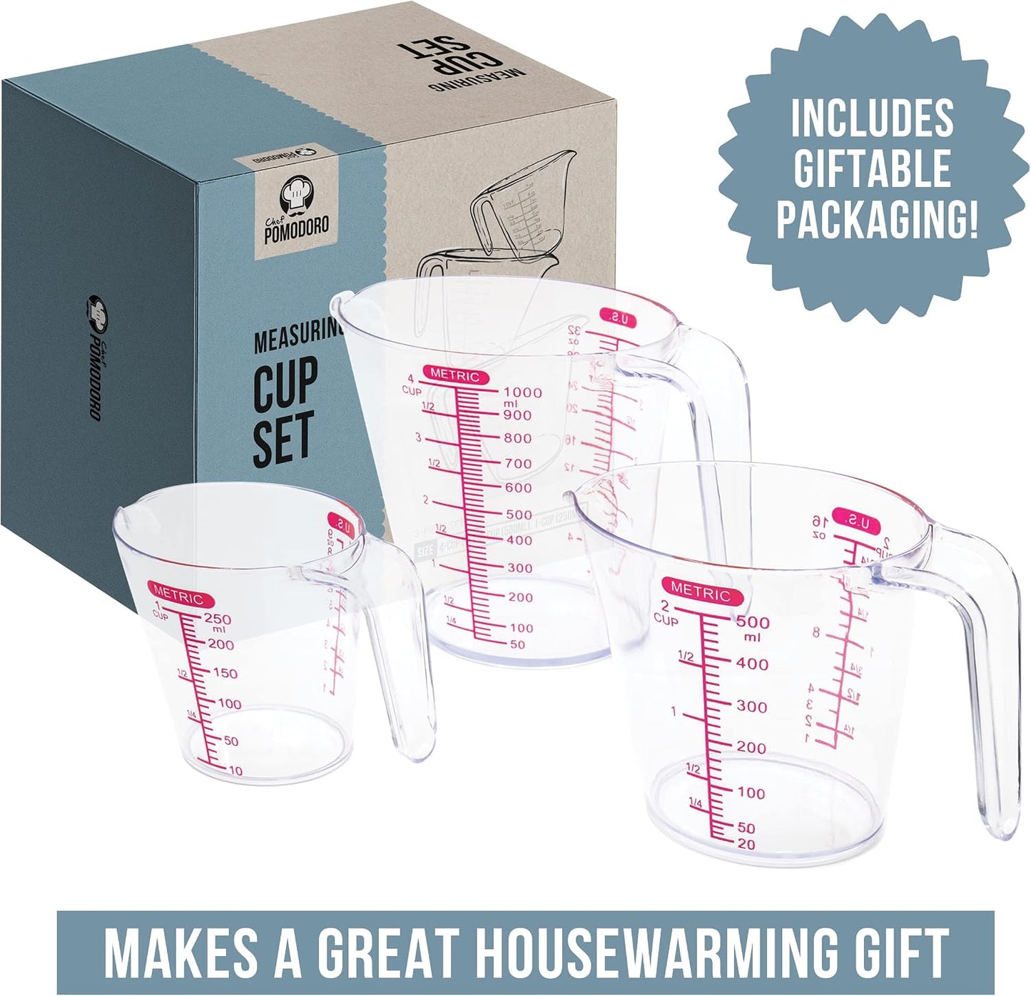 Chef Pomodoro 3-Piece Liquid Meausuring Cups Set - Ml and Oz Measuring Cup