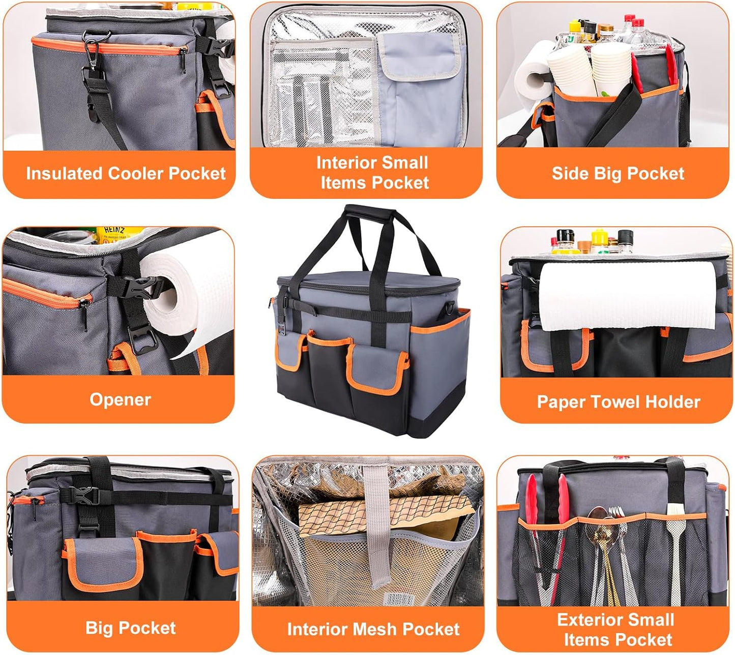 Large BBQ Grill Caddy with Paper Towel Holder, Foldable Insulated Picnic Organizer Bag for Outdoor Grilling, Tailgating, Camping, RV Trips, Must-Have Storage for Cooking Tools Supplies