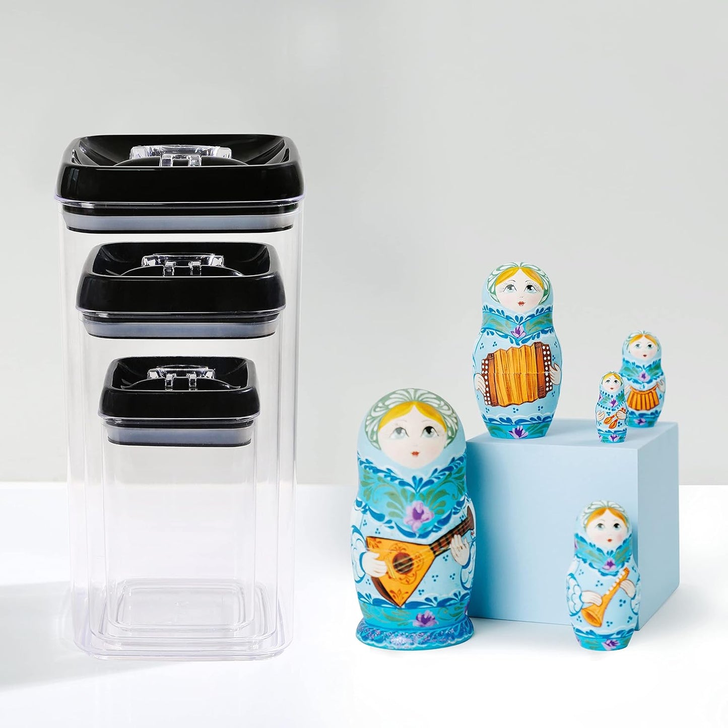 Felli Flip Tite Acrylic Food Storage Container with Lid 6” XL Air Tight Ring Seal Flip Top, Plastic Kitchen Baking Canister for 5 lb Flour Sugar Rice Protein Powder Pantry Organizer (Nest-M, White)