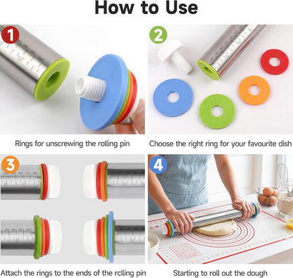 Vakoo Rolling Pin with Thickness Rings for Baking