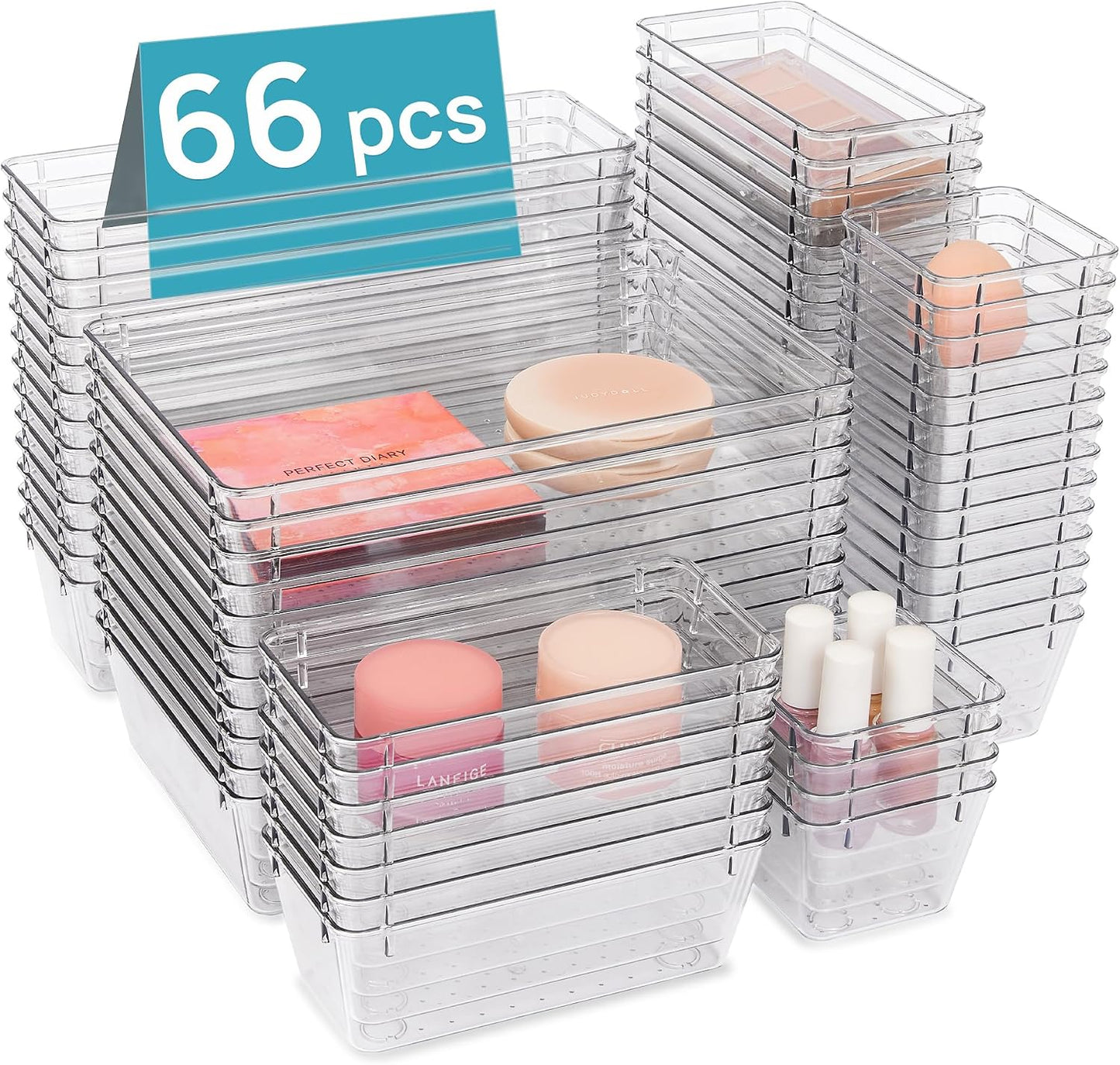 Vtopmart 25 PCS Clear Plastic Drawer Organizers Set, 4-Size Versatile Bathroom and Vanity Drawer Organizer Trays, Storage Bins for Makeup, Bedroom, Kitchen Gadgets Utensils and Office