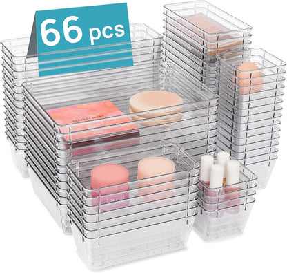 Vtopmart 25 PCS Clear Plastic Drawer Organizers Set, 4-Size Versatile Bathroom and Vanity Drawer Organizer Trays, Storage Bins for Makeup, Bedroom, Kitchen Gadgets Utensils and Office