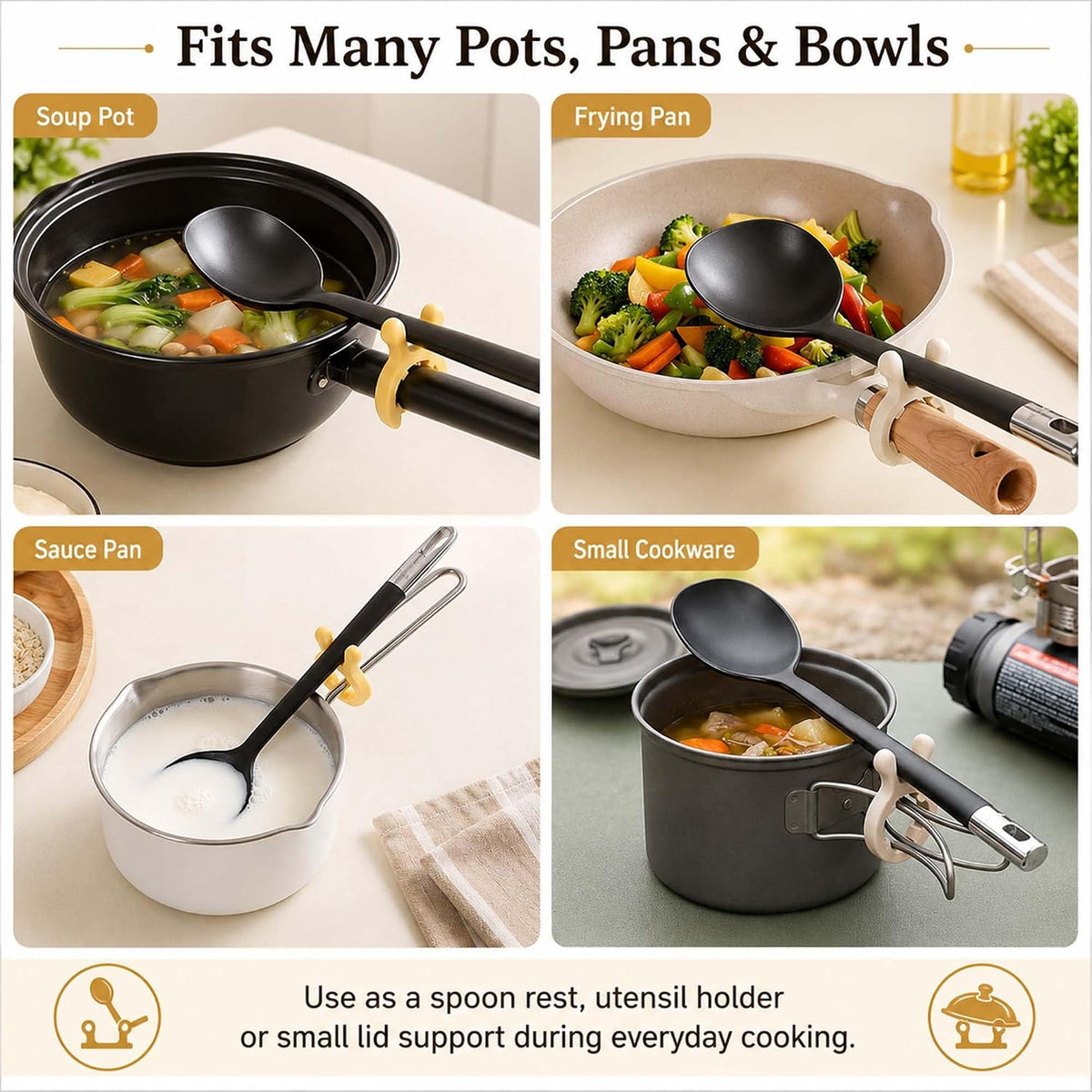 3-Pack Silicone Pot Clip Spoon Holder, Clip-On Spoon Rest and Lid Support, Non-Slip Pot Handle Utensil Rest, Helps Reduce Drips and Boil-Overs, for Pots, Pans and Bowls