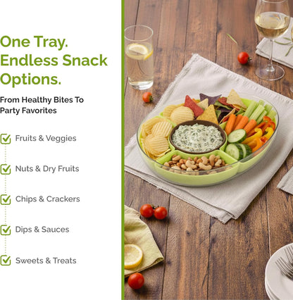 Divided Serving Tray with Lid, 5 Removable Compartments Snack & Veggie avocado shaped Tray with Center Dip Bowl, Portable Food Storage Container for Fruit, Charcuterie, Travel, Work & Parties
