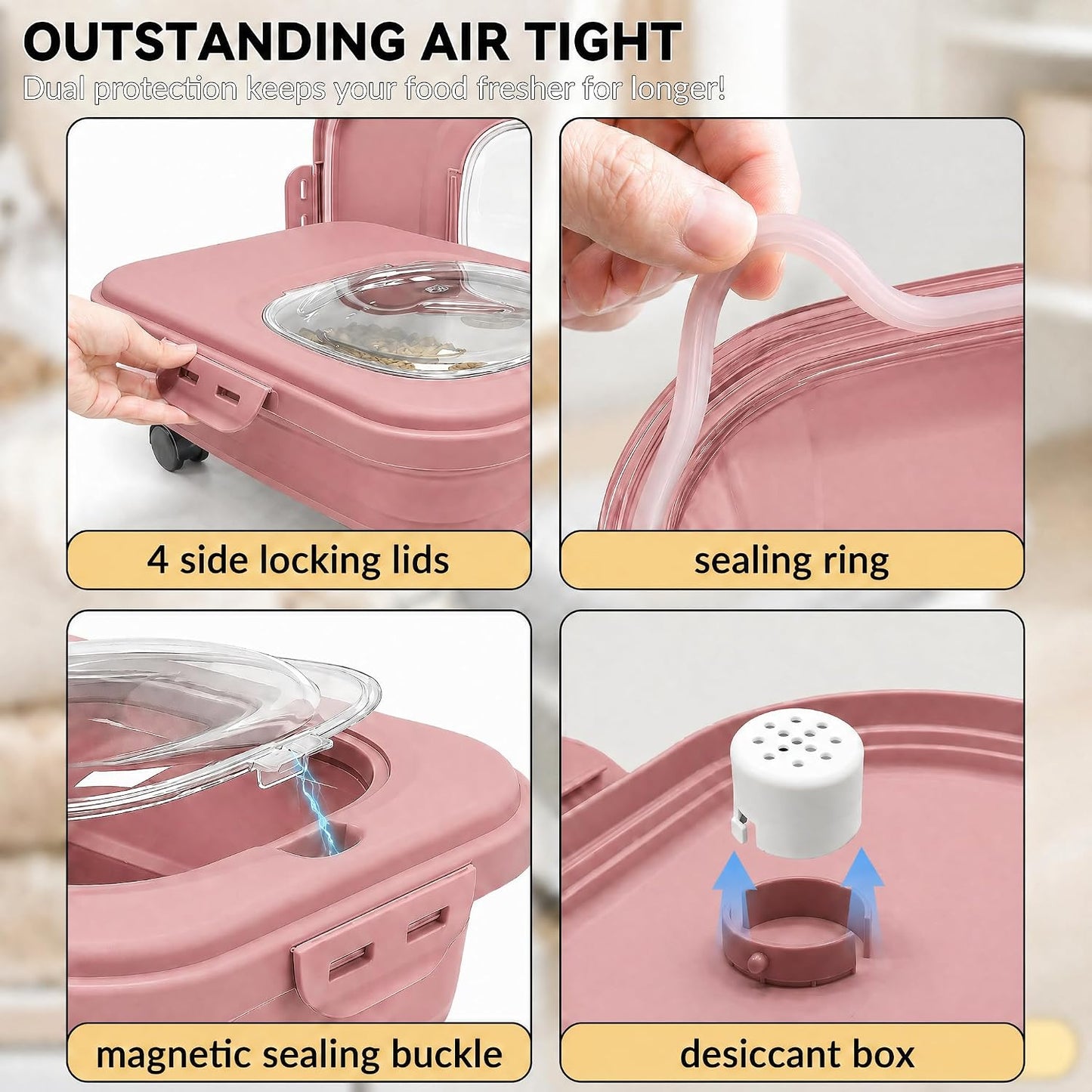 Rice Storage Container Collapsible 20-28 Lbs Food Storage Container with Rolling Wheels and Clear Airtight Lid. BPA Free Flour for Storing Rice, Flour, and Cat Dog Food Storage Container (Pink)