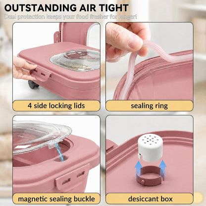 Rice Storage Container Collapsible 20-28 Lbs Food Storage Container with Rolling Wheels and Clear Airtight Lid. BPA Free Flour for Storing Rice, Flour, and Cat Dog Food Storage Container (Pink)