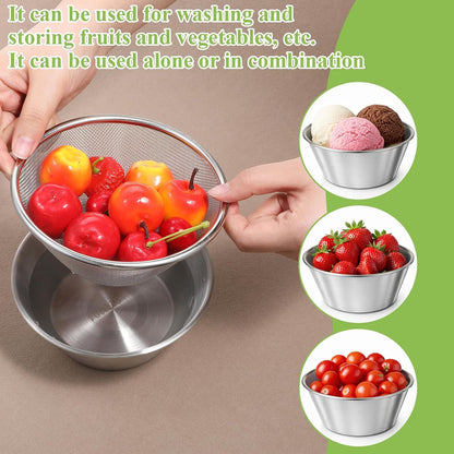 Mini Colanders Stainless Steel Food Colander Mini Strainer with Bowl Colanders Bowl Rice Strainer for Kitchen Colander Set for Pasta Straining Fruit Washing Vegetable (5.51 x 2.36 Inches Silver)