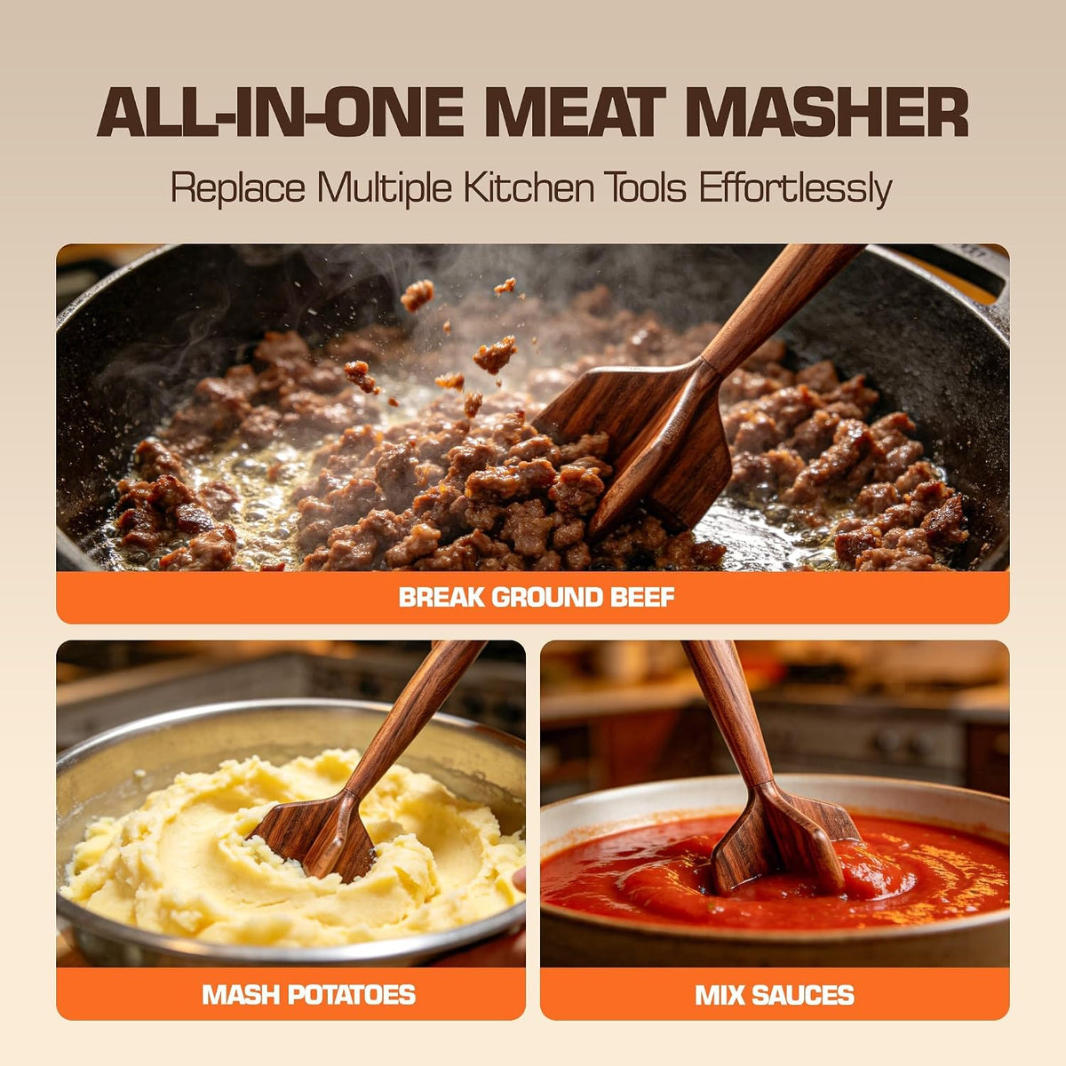 Teak Wooden Meat Chopper, Ground Beef Chopper Tool, Hamburger Smasher, Potato Masher & Chicken Shredder, Durable Wood Meat Pounder Kitchen Utensil, Cooking Gadget 10.5 Inches（RedTeak）