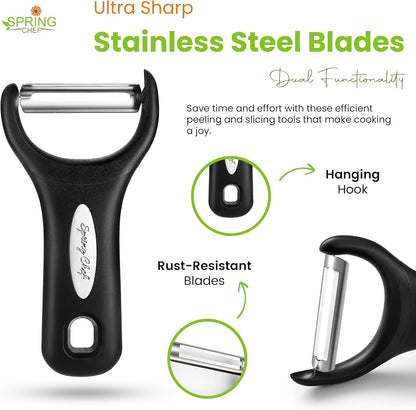 Spring Chef Vegetable Peelers for Kitchen - Stainless Steel Swivel, Y & Julienne Peelers, Potato Peelers with Soft Grip Handles, Kitchen Utensils Set of 3 for Fruits, Veggies, Apples, Carrots