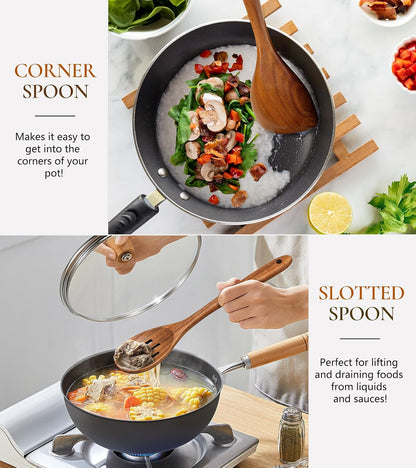 Wooden Spoons for Cooking, Premium Teak Wooden Cooking Utensils for Serving