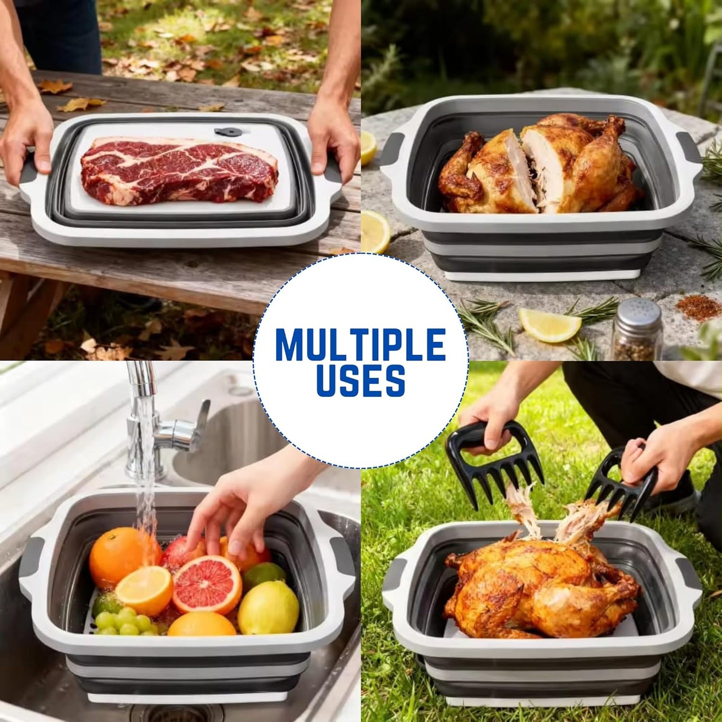 BBQ Prep Tub with 2 Pcs Meat Shredder Claws, 3-IN-1 Large 8L Collapsible Cutting Board with Lid for Meal Prep, Camping Sink for marinating food, Dish Basin, Grilling, Outdoor Cooking
