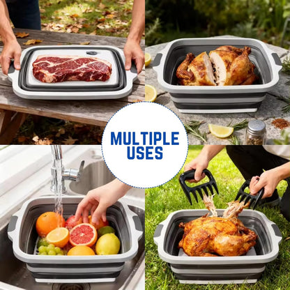 BBQ Prep Tub with 2 Pcs Meat Shredder Claws, 3-IN-1 Large 8L Collapsible Cutting Board with Lid for Meal Prep, Camping Sink for marinating food, Dish Basin, Grilling, Outdoor Cooking