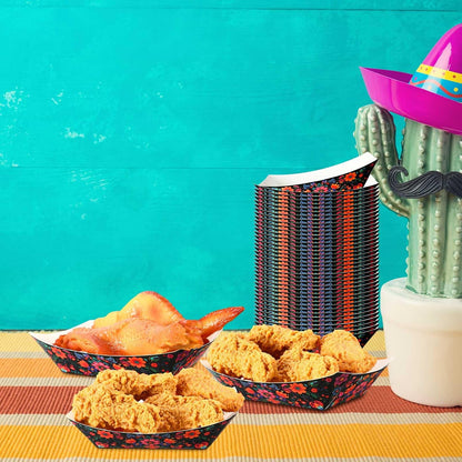 Gejoy 100 Pcs 2 lb Mexican Paper Food Trays Disposable Fiesta Nacho Trays Taco Nights Snack Boats Carnival Food Container Popcorn Holder for Festival Birthday Supplies(Classic)