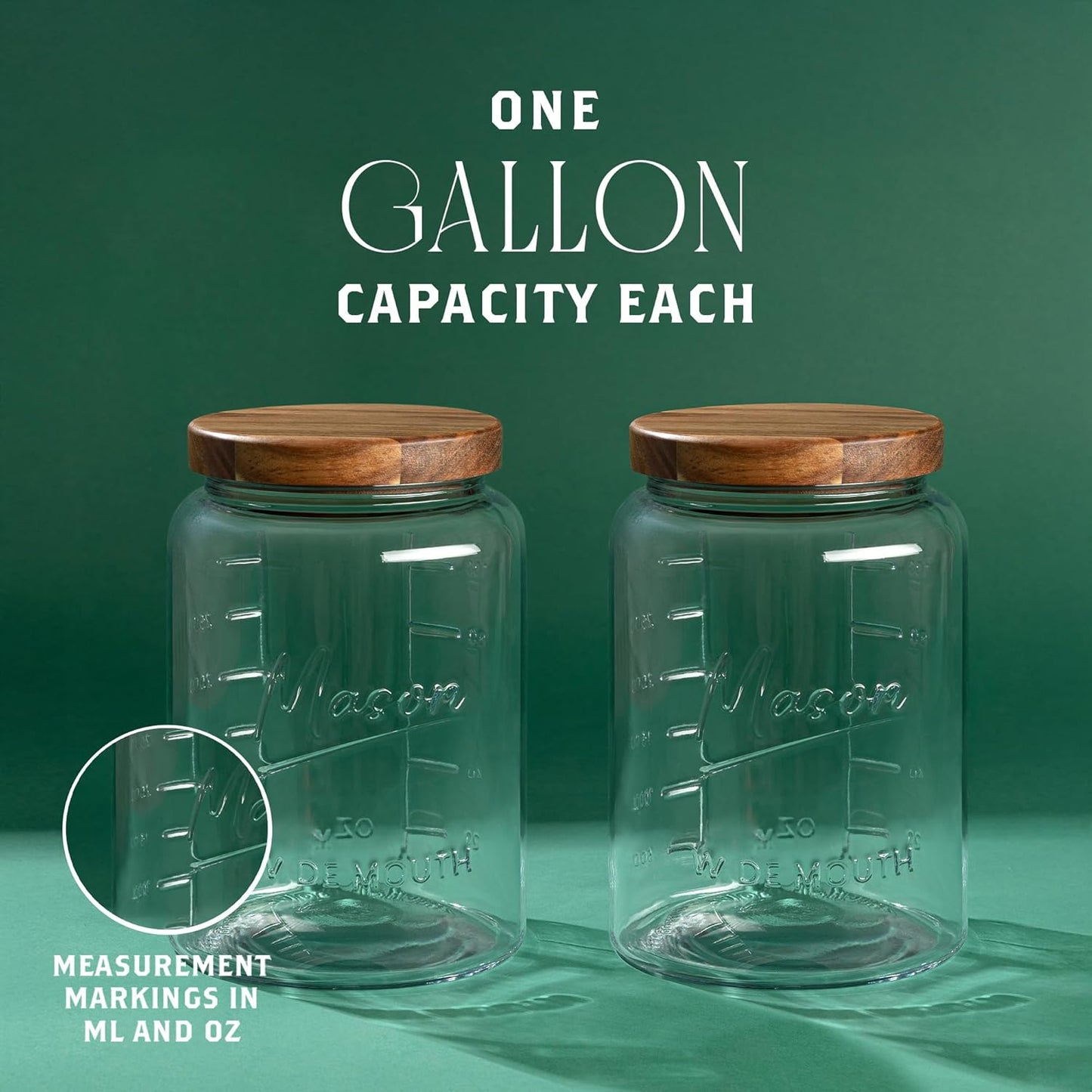 kitchentoolz Extra Large Mason Jar - 1 Gallon Glass Wide Mouth Jar with Airtight Wooden Lid, Food Storage Container with Measurement Markings For Kitchen Pantry, Pickling, Cookies, Flour & Sugar