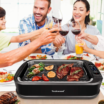 Techwood Indoor Grill Smokeless Grill, Electric Korean BBQ Grill with Glass Lid, Turbo Smoke Extractor Technology, Dishwasher-Safe Drip Tray & Nonstick Grilling Removable Plate, Black, 1500W