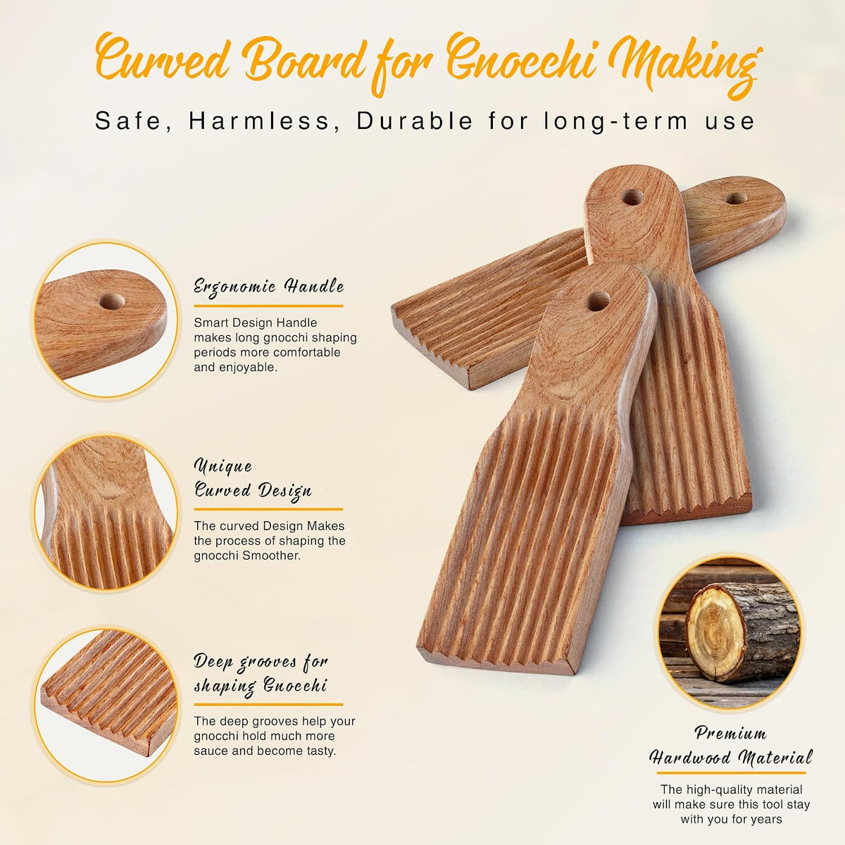 Gnocchi Board, Hardwood Pasta Tool for Shaping Homemade Gnocchi.
