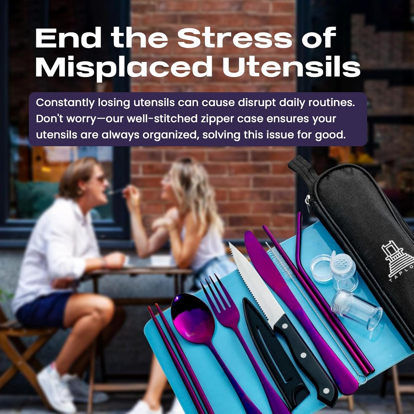 Taplord Portable Travel Silverware Set With Case, Includes 10 Pcs of Travel Utensils With Case, Stainless Steel Flatware Set For Camping, Lightweight (Multi-Color)