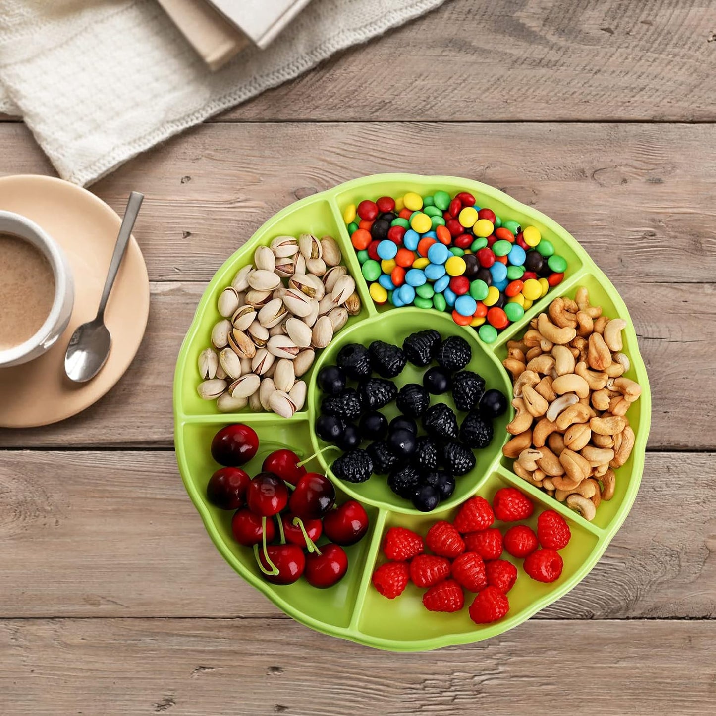 Frcctre 20 Pack Disposable Plastic Appetizer Serving Platter, 12 Inch 6 Sectional Divided Snack Nut Candy Veggie Fruit Dish Serving Platter Divided Food Tray
