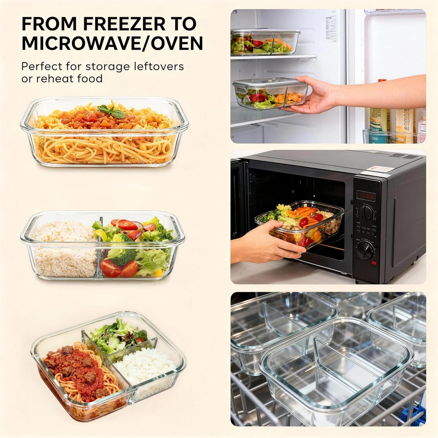 Glass Meal Prep Containers 5 Pack - Lunch Boxes with Leakproof Lids, Food Storage Containers, Bento Boxes, Gray (3 Compartment)