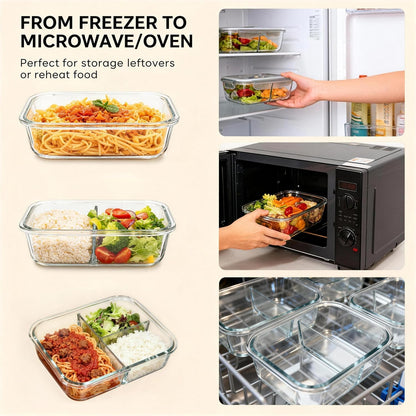 Glass Meal Prep Containers 5 Pack - Lunch Boxes with Leakproof Lids, Food Storage Containers, Bento Boxes, Gray (3 Compartment)
