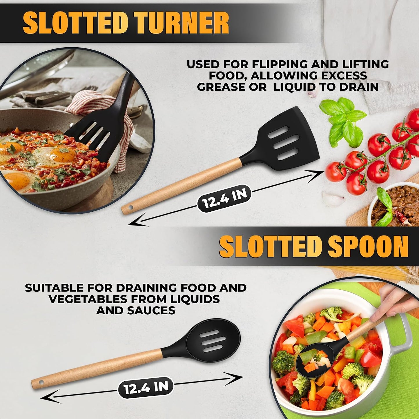 14 PCs Black Silicone Cooking Utensils Set with Holder - Versatile Kitchen Utensils with Sturdy Wooden Handles - Heat Resistance Silicone Kitchen Utensil Set with Holder for All Cooking & Baking Needs