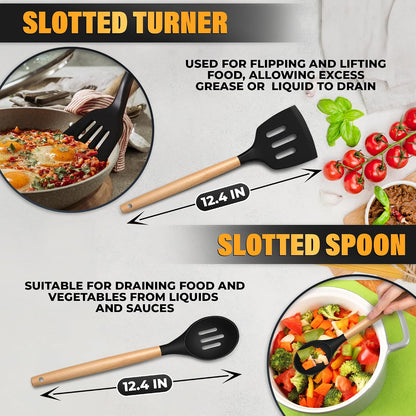 12 Pcs Purple Kitchen Utensils Set with Holder for Nonstick Cookware - Silicone Cooking Utensils Set, Kitchen Tools for Daily Cooking - Wooden Handle Cooking Tools for Baking Serving and Mixing Tasks