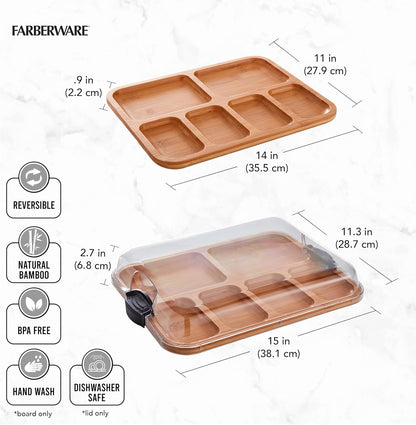 Farberware Build-A-Board Bamboo Cutting Board with Built-In Compartments & Clear Locking Lid, Black Handles, Charcuterie, Snack Tray, Food Prep and Serving Platter