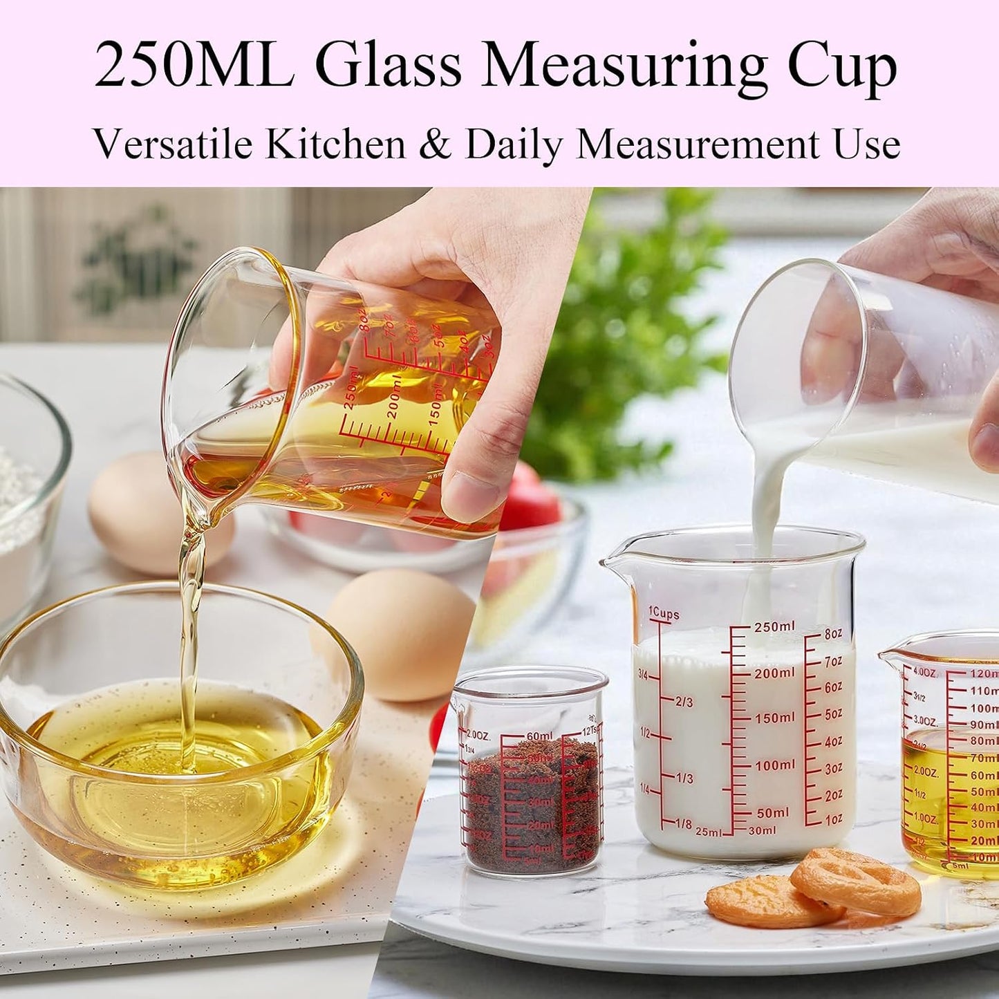 3 Piece Glass Measuring Cup Set, Includes 1/2-Cup, 1-Cup, and 2-Cup High Borosilicate Glasss Liquid Measuring Cups, Dishwasher, Freezer, Microwave, and Preheated Oven Safe, Essential Kitchen Tools