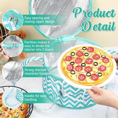 Pickmesh Round Pie Carrier 12 x 7 Inch Insulated Casserole Carriers with Lid and Detachable Handle for Hot or Cold Food Cake Transport Thanksgiving Christmas Gift(Cyan White Zigzag)