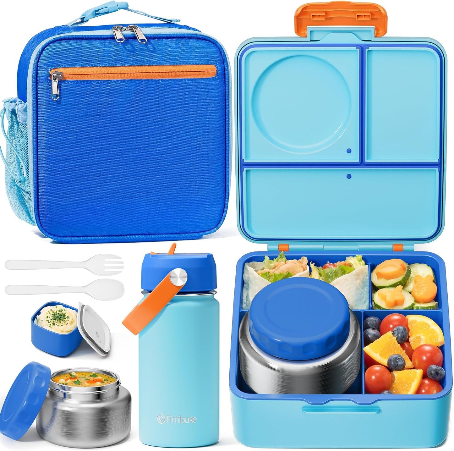 Fimibuke Kids Bento Lunch Box with Thermo, Leakproof Toddler Bento Box with 8.5 OZ Insulated Food Jar, Lunch Bag, Kids Water Bottle, 3 or 4 Compartment Container for Back to School Toddler Girls Boys