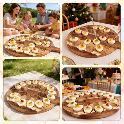 Deviled Egg Containers with Lid & Handle, Round 24 Holes Plate Wooden Carrier Deviled Egg Platter Serving Tray Food Containing Holder Dish for Home Party Supply